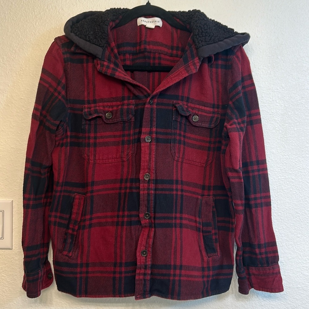 Long Sleeve Hooded Flannel Button-Down Shirt Size:S
